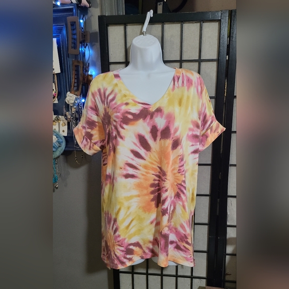 Zenana Yellow and Pink Tie-dye Tee sz S - Picture 2 of 7
